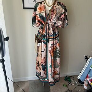 SALE VINTAGE ONE SIZE Floral Print Maxi Dress w drawstring waist coverup OS NUDE